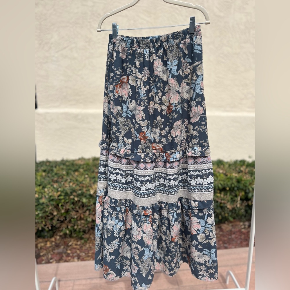 Sienna Sky Navy Maxi Skirt with Pink & Light Blue Floral Accents